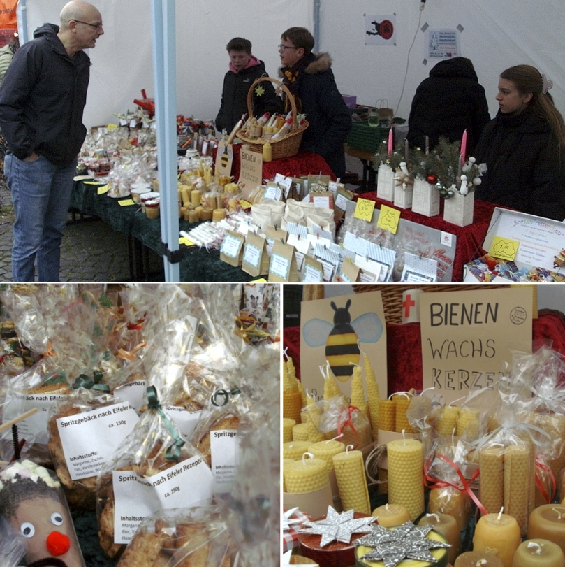 Collage vom Stand des Don-Bosco-Gymnasiums auf dem Borbecker Weihnachtsmarkt 2022